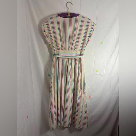 Pastel Striped Short Sleeve Textured Button Down+Tie Modest Femme Dress Size M - Picture 11 of 12